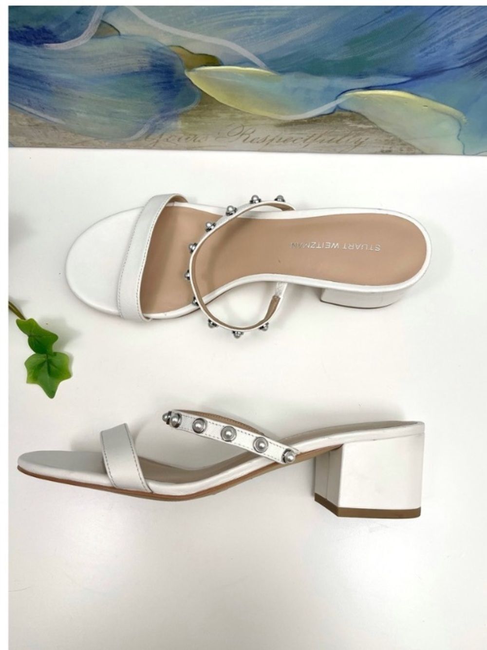 New Stuart Weitzman Pearly Strap Block Slide 50 Sandal in White Size 8 - Picture 11 of 12